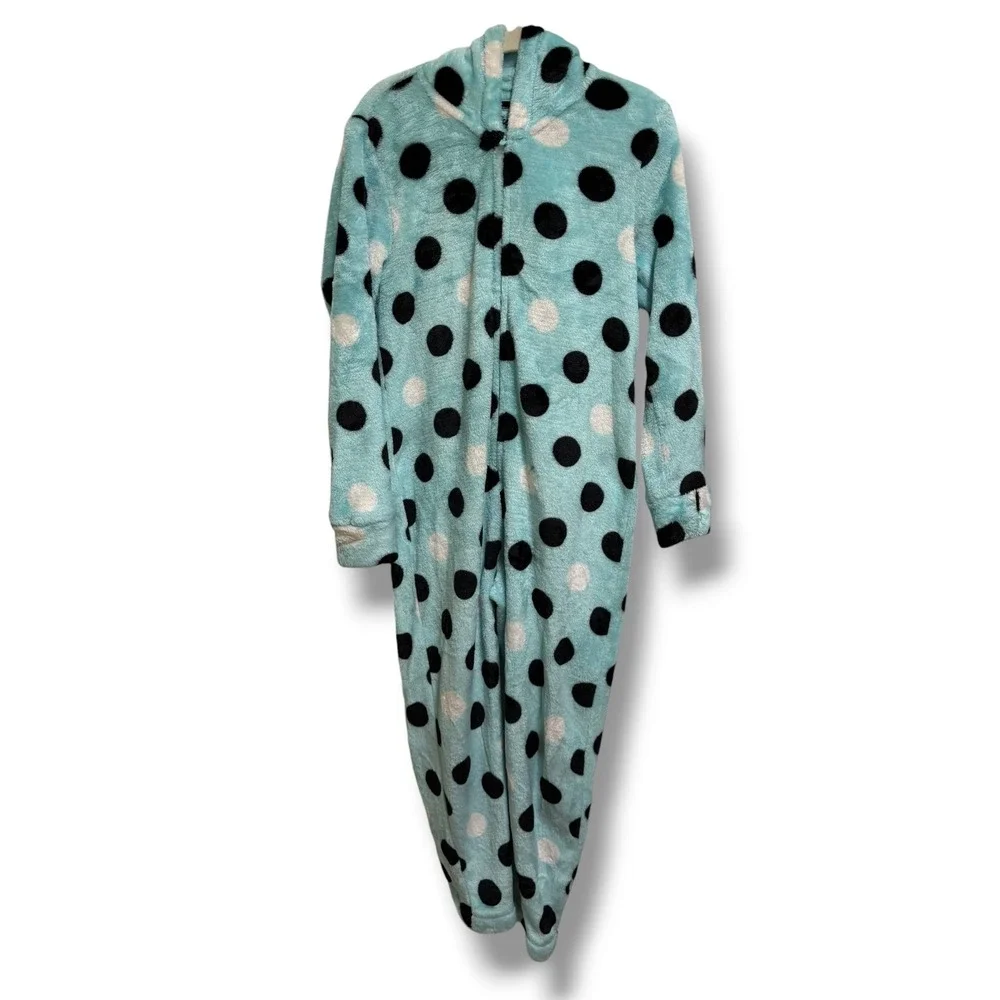Justice Girls Blue Polka Dot Cat Hood Plush‎ Fleece One Piece Pajamas Size 8